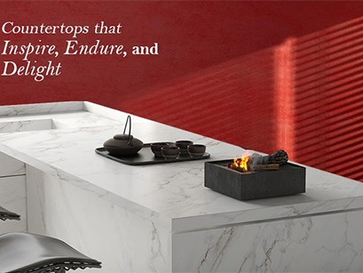  A vibrant red countertop in Bangalore with various kitchen items displayed, accompanied by the text Countertops that Inspire, Endure, and Delight. width=